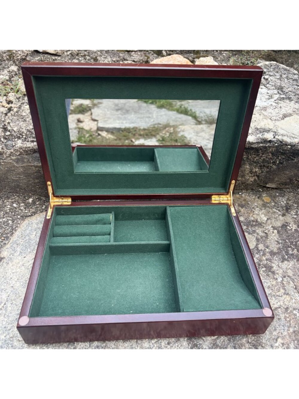 Wooden Jewelry Box Mirror Green Velvet Interior Multiple Compartments Storage - Picture 4 of 15